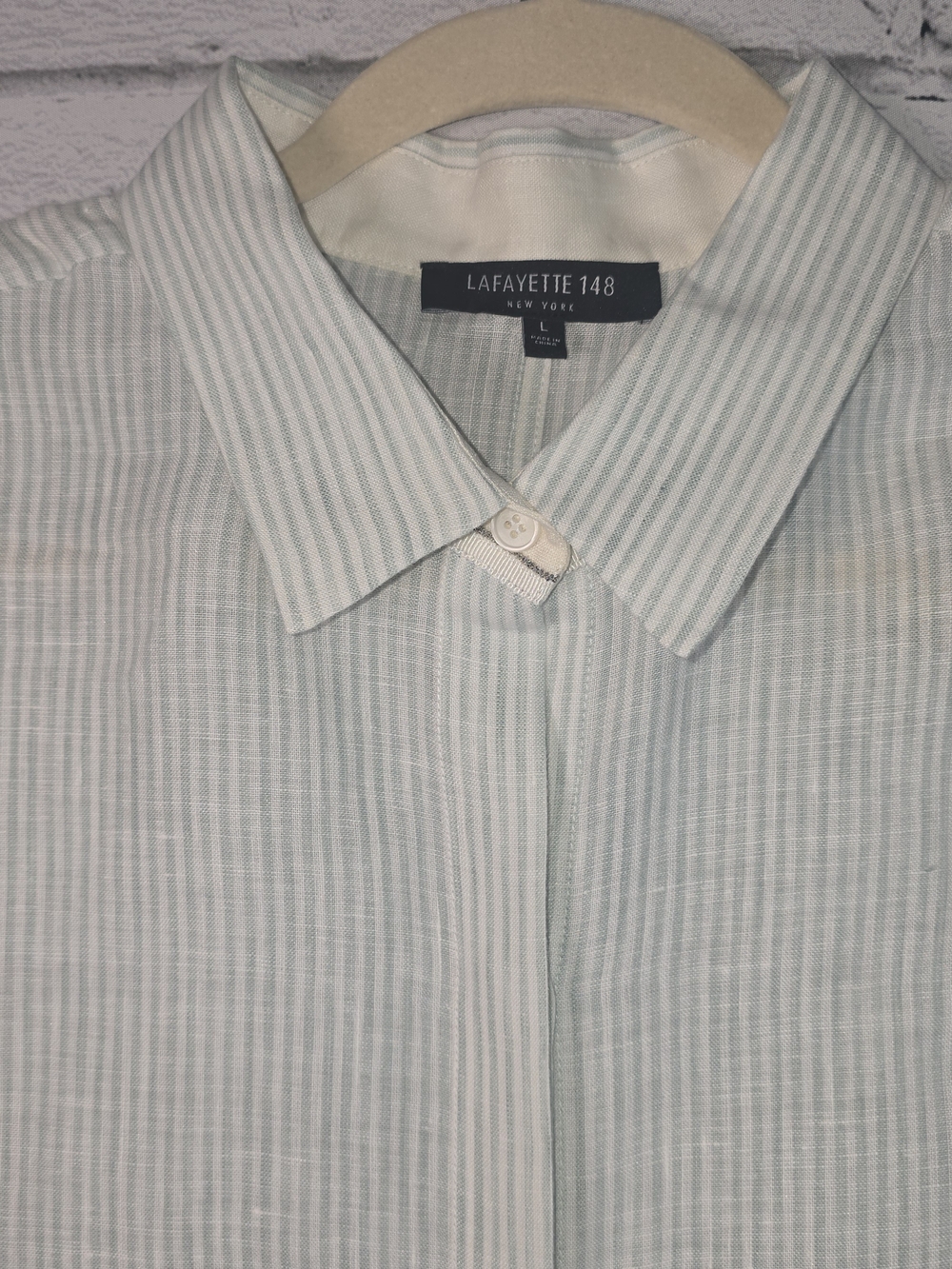 LAFAYETTE 148 NEW YORK ALYSSA LINEN PINSTRIPE BLOUSE SOFT GREEN & WHITE WOMES LG - Picture 7 of 9